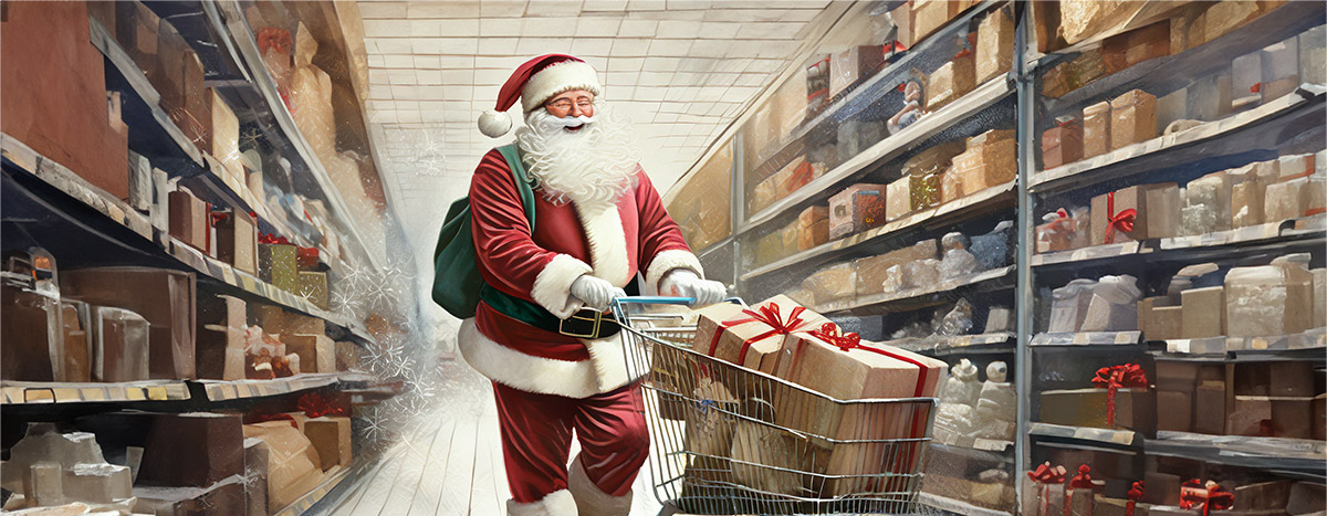 Santa-pushes-a-shopping-cart-in-a-local-shop-while-holding-a-receipt v2
